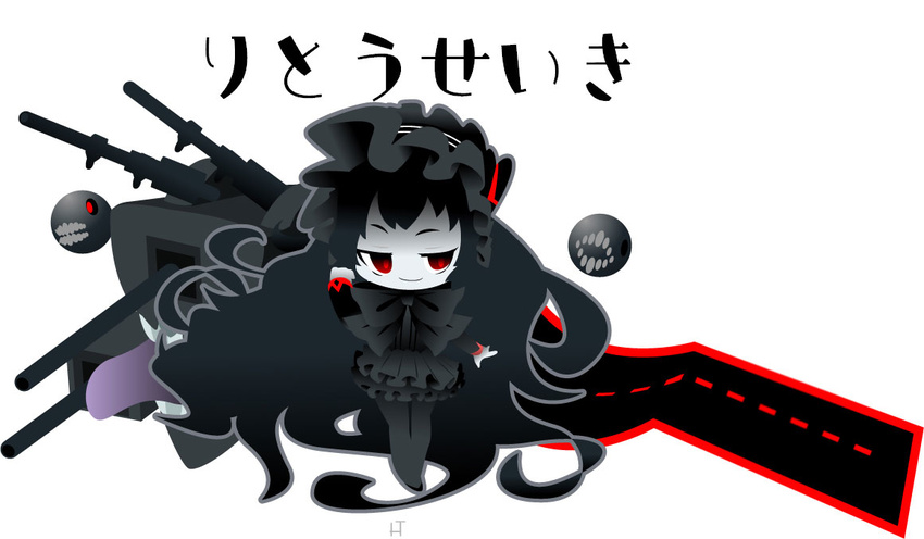 black_hair character_name chibi gothic_lolita gun isolated_island_oni kantai_collection lolita_fashion long_hair no_nose red_eyes runway shinkaisei-kan simple_background smile solo takanashi_hiyori teeth tongue weapon white_background