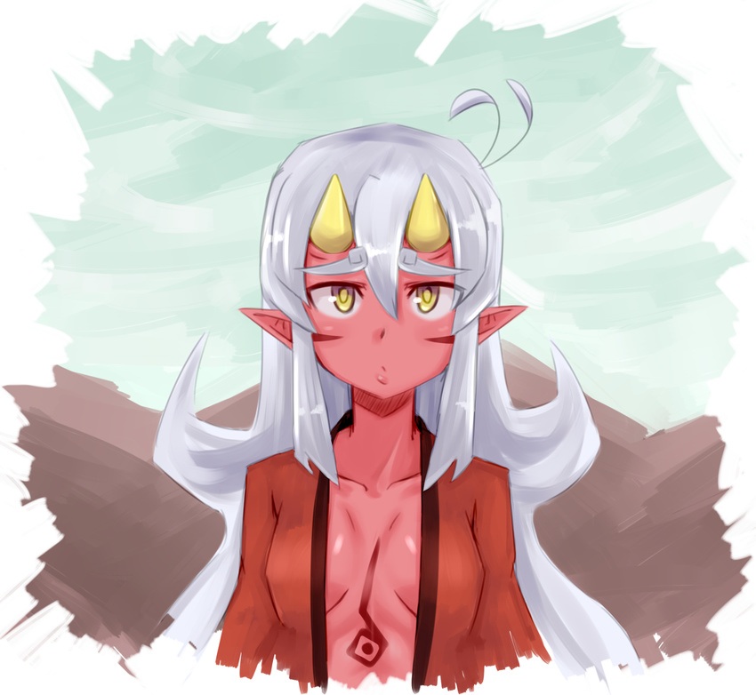 antenna_hair bad_id bad_tumblr_id breasts commentary eyebrows grandmastag horns long_hair oni open_clothes original pointy_ears red_oni red_skin sidelocks small_breasts solo tattoo thick_eyebrows