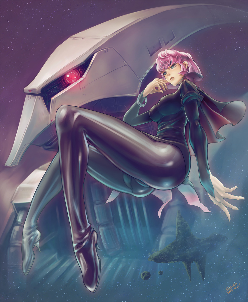 ass asteroid blue_eyes breasts dated floating gundam haman_karn high_heels highres large_breasts long_legs mecha pantyhose pink_hair qubeley realistic science_fiction short_hair signature socha_(pixiv99744) solo space space_station star_(sky) zeta_gundam