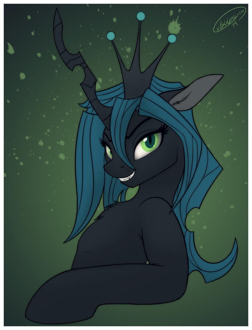 black_fur bust changeling crown equine fangs female flat_chested friendship_is_magic fur green_eyes grin horn looking_at_viewer mammal my_little_pony portrait queen_chrysalis_(mlp) skipsy slit_pupils smile solo teeth