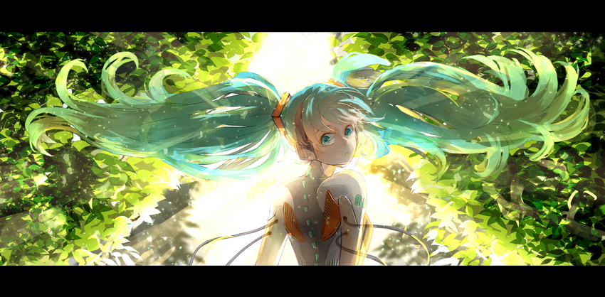 58_(scbaby) aqua_eyes aqua_hair hatsune_miku headphones leaves odds_&amp;_ends_(vocaloid) twintails vocaloid