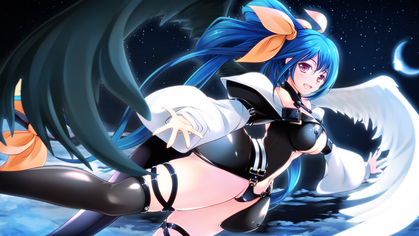 angel_wings asymmetrical_wings blue_hair bow breasts choker dizzy guilty_gear hair_bow highres large_breasts long_hair navel open_mouth red_eyes ribbon solo tail tail_ribbon tebukuro thighhighs twintails underboob wings