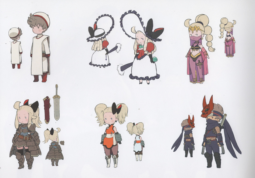 1girl alternate_costume alternate_hairstyle blade blue_eyes boots bravely_default:_flying_fairy bravely_default_(series) claw_(weapon) edea_lee hat highres mask mask_on_head ninja non-web_source official_art scan sword tiz_oria weapon yoshida_akihiko