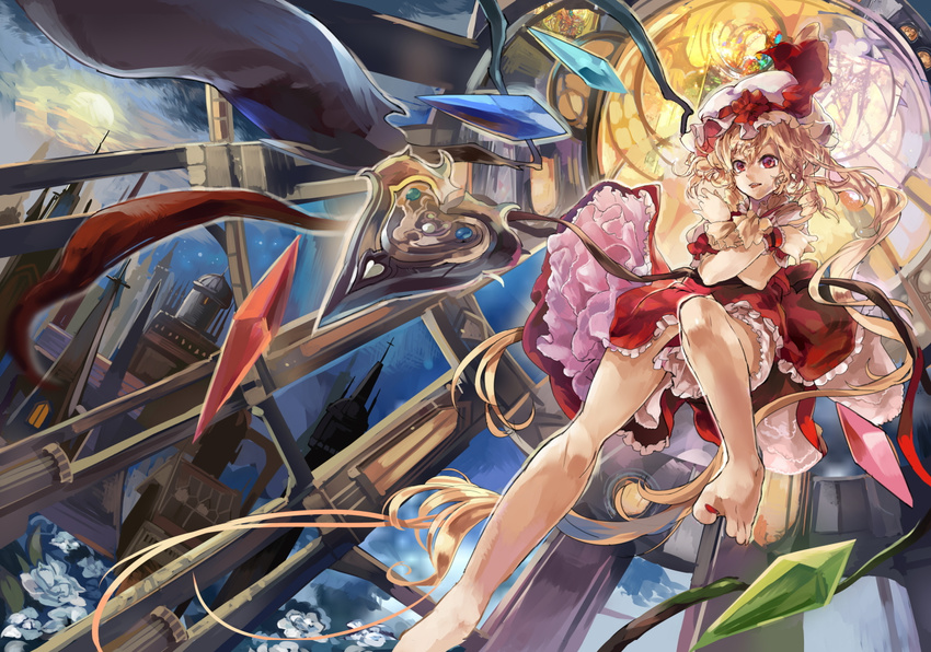 absurdly_long_hair ascot bare_legs barefoot blonde_hair cloud crossed_arms dress flandre_scarlet full_moon hat hat_ribbon himuro_(dobu_no_hotori) laevatein long_hair mob_cap moon nail_polish night open_mouth perspective puffy_sleeves red_dress red_eyes red_nails ribbon scarlet_devil_mansion short_sleeves side_ponytail solo touhou upskirt very_long_hair wings wrist_cuffs