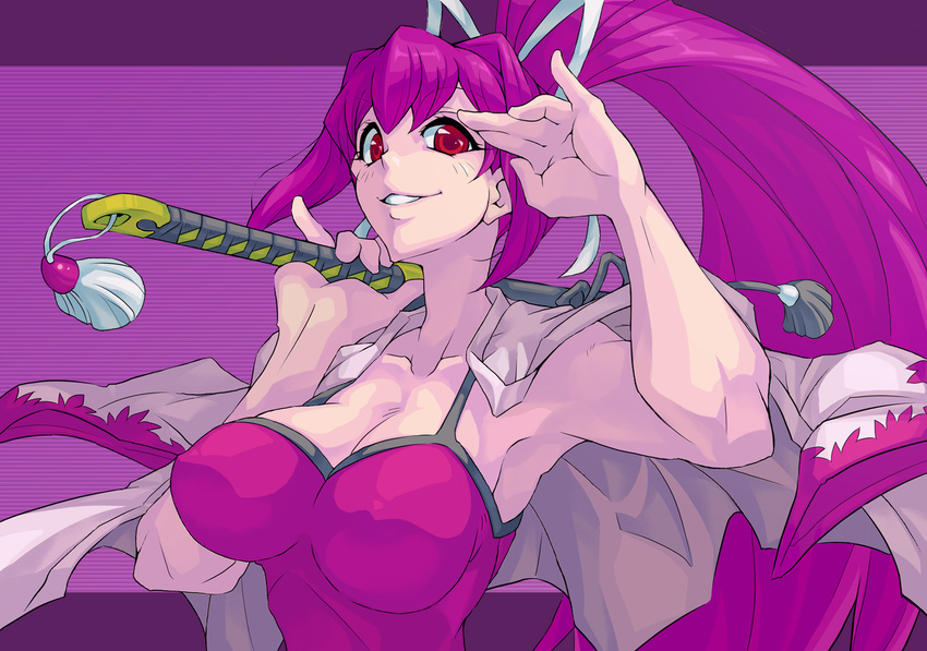 armpits breasts camisole cleavage hair_intakes hair_ribbon jacket_on_shoulders large_breasts long_hair over_shoulder pinky_out ponytail purple_hair red_eyes ribbon salute smile solo sword sword_over_shoulder under_night_in-birth weapon weapon_over_shoulder yoshitsuki yuzuriha_(under_night_in-birth)