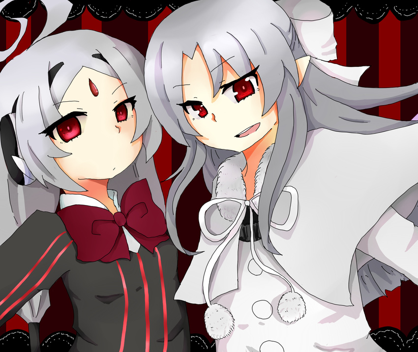 bow capelet company_connection flat_chest forehead_jewel hachisu_susumu_shion hair_bow hairband highres long_hair melty_blood multiple_girls pointy_ears raised_eyebrow red_eyes robot_ears silver_hair striped tsukihime twintails under_night_in-birth vatista vertical_stripes white_len