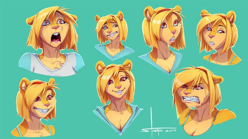 &lt;3 angry anthro blonde_hair breasts buckteeth chest_tuft cleavage clenched_teeth clothed clothing confused cute expressions female fur hair mammal maybell model_sheet portrait red_eyes rodent shocked smile solo squirrel stoopix teeth tuft