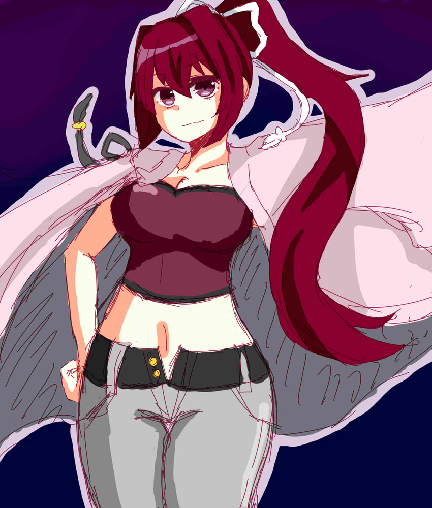 breasts bustier cleavage hachisu_susumu_shion hair_intakes hair_ribbon hand_on_hip highres jacket_on_shoulders large_breasts long_hair midriff navel open_fly ponytail purple_eyes red_hair ribbon smile solo under_night_in-birth unzipped yuzuriha_(under_night_in-birth)