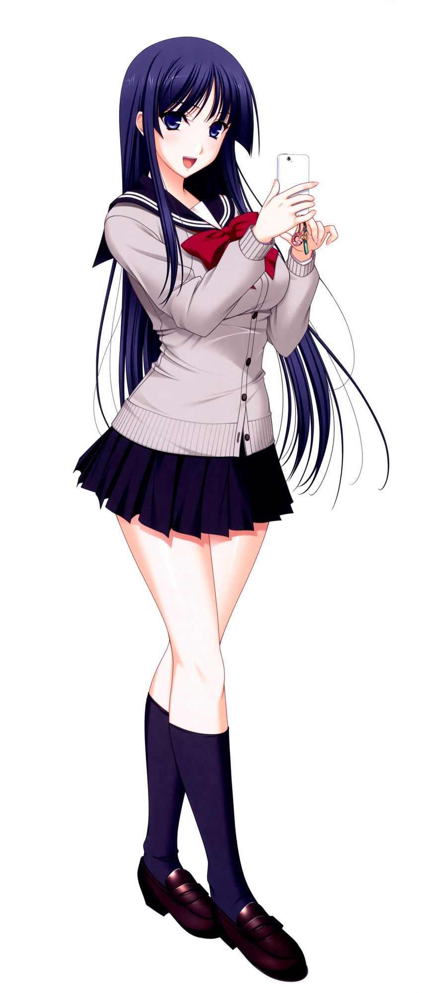 :d absurdres black_skirt blue_eyes blue_hair cardigan cellphone_charm full_body highres holding holding_phone komori_kei loafers long_hair navy_blue_legwear open_mouth phone pleated_skirt ryuuzouj_satsuki school_uniform shoes simple_background skirt smile socks solo walkure_romanze white_background