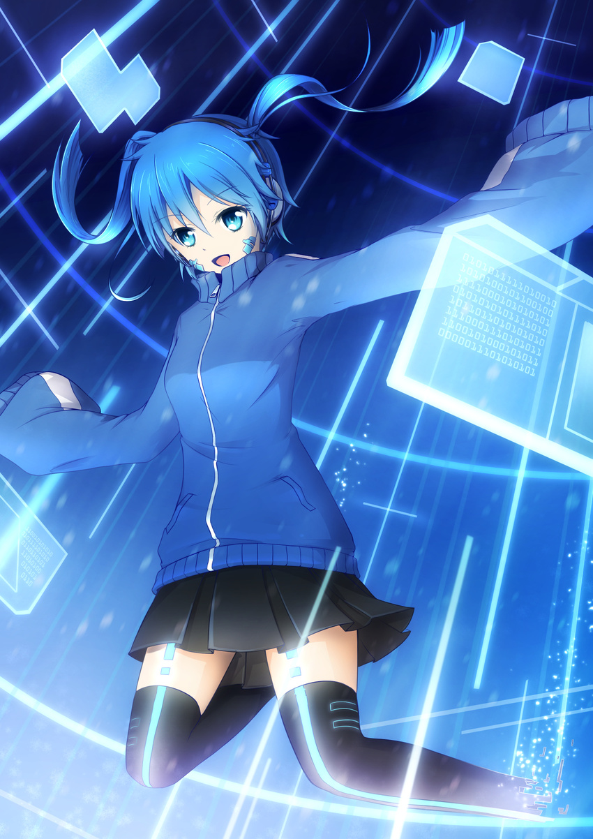 asakurashinji binary black_skirt blue blue_eyes blue_hair ene_(kagerou_project) floating headphones highres holographic_monitor jacket kagerou_project looking_down open_mouth oversized_clothes short_hair skirt sleeves_past_wrists smile solo thighhighs track_jacket twintails