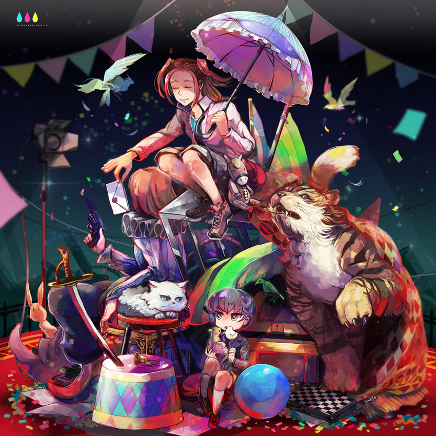 ^_^ alternate_eye_color animal ball bell bird black_hair blurry brown_hair bunny cage candy cat chess_piece chessboard child circus closed_eyes confetti copyright_name depth_of_field envelope feathers flag flying food green_eyes gun gyakuten_kenji gyakuten_kenji_2 gyakuten_saiban hair_down handgun highres holding holding_gun holding_umbrella holding_weapon jacket leaning leaning_forward letter male_focus mebu multiple_boys multiple_persona neck_ruff open_mouth pants parasol pennant pointy_shoes puffy_pants red_footwear red_hair revolver saber_(weapon) sarushiro_souta school_uniform shoes shorts sitting smile sneakers sparkle spoilers spotlight squirrel stage_lights stool string_of_flags striped stuffed_animal stuffed_toy sword time_paradox treasure_chest twintails umbrella vertical_stripes wax_seal weapon white_legwear younger
