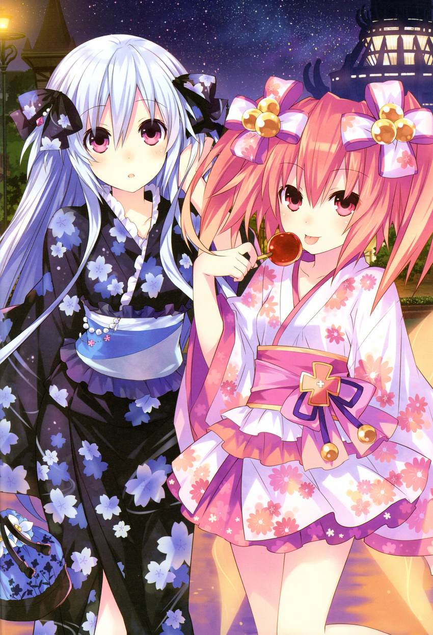 :p absurdres alyn_(fairy_fencer_f) black_dress blush candy_apple dress fairy_fencer_f floral_print food frilled_kimono frills hair_ribbon hair_tucking highres holding japanese_clothes kimono kimono_skirt lamppost long_hair long_sleeves looking_at_viewer multiple_girls night night_sky obi official_art open_mouth outdoors pink_eyes red_hair ribbon sash scan sky smile star_(sky) tiara_(fairy_fencer_f) tongue tongue_out tsunako twintails very_long_hair white_dress white_hair