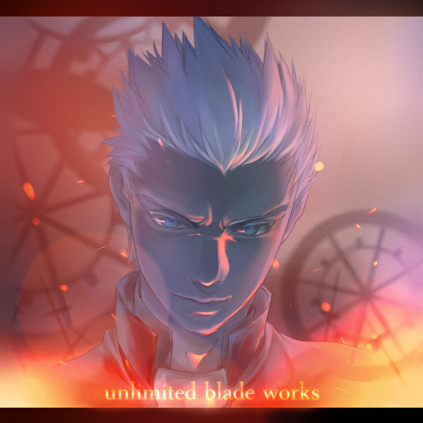 archer arkray dark_skin dark_skinned_male fate/stay_night fate_(series) gears grey_eyes letterboxed male_focus portrait solo unlimited_blade_works white_hair