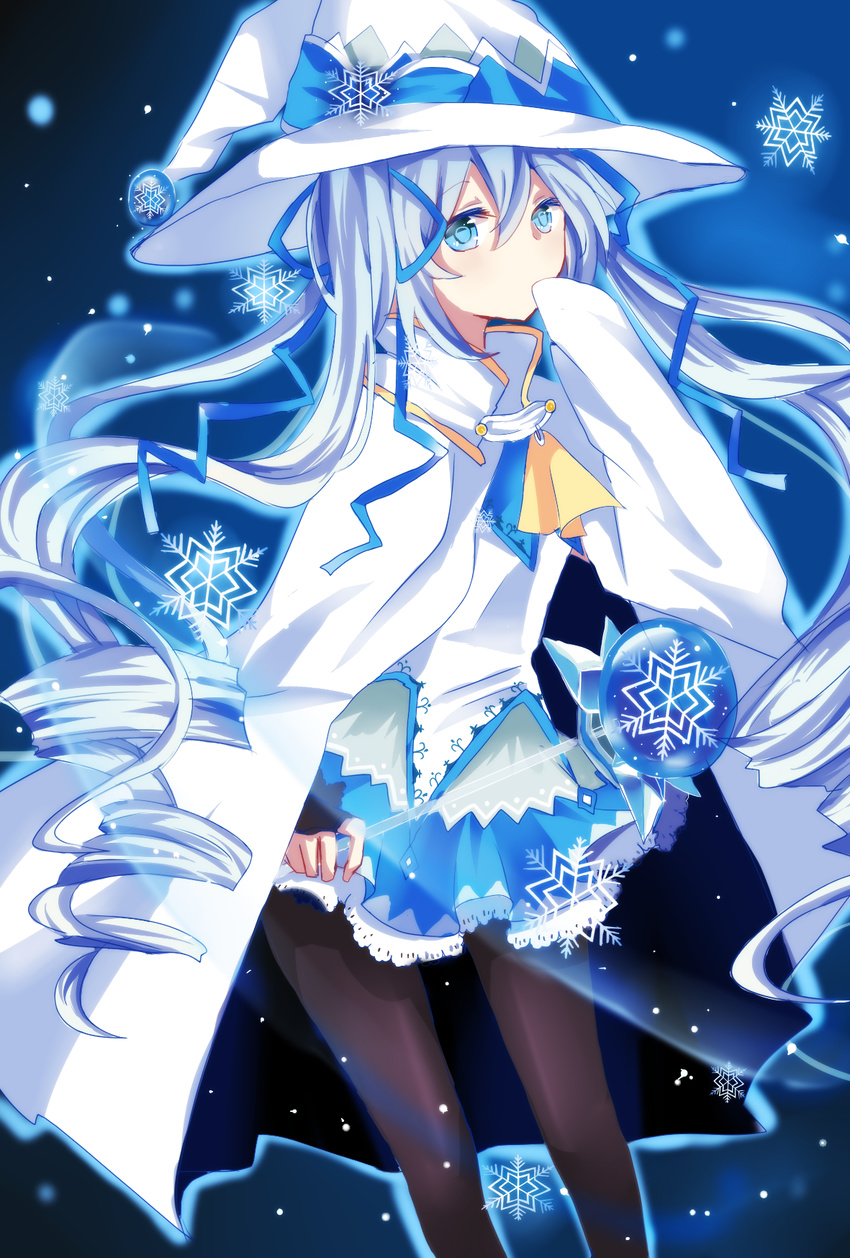 blue_eyes blue_hair cape hat hatsune_miku highres long_hair pantyhose skirt snowflakes solo suki!_yuki!_maji_magic_(vocaloid) very_long_hair vocaloid wand witch_hat yuki_miku