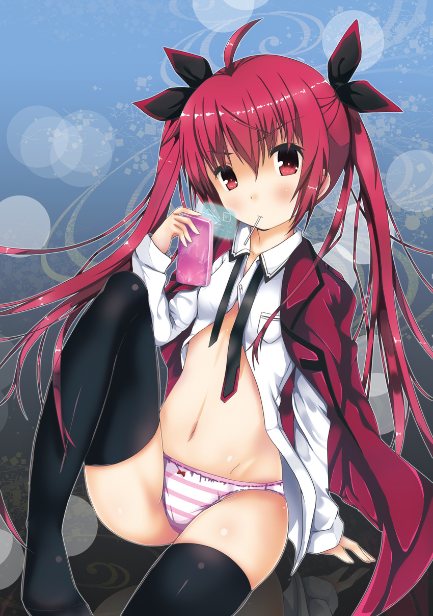 absurdres ahoge black_legwear bow bow_panties candy cellphone date_a_live erimu food highres holographic_interface itsuka_kotori lollipop long_hair long_sleeves looking_at_viewer necktie no_pants open_clothes open_shirt panties partially_undressed phone purple_panties red_eyes red_hair shirt smartphone solo striped striped_panties thighhighs twintails underwear very_long_hair