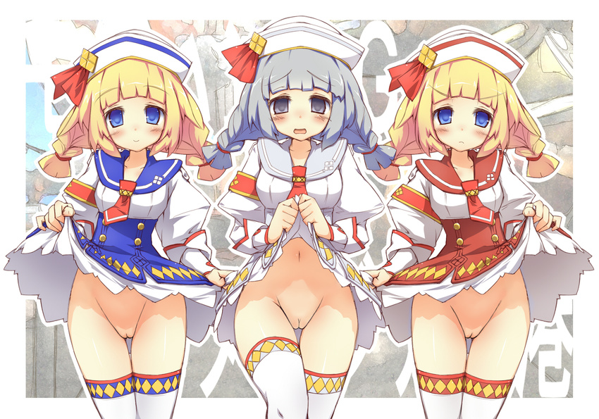 3girls arena_clerk_(monster_hunter_3_ultimate) blonde_hair blue_eyes blush braid capcom character_request chikyuujin_a dixie_cup_hat dress dress_lift female grey_eyes grey_hair hair_tie hat long_hair military_hat monster_hunter monster_hunter_3_g multiple_girls navel no_panties open_mouth pussy quest_receptionist_(monster_hunter_3_ultimate) receptionist_(monster_hunter_3_g) smile thighhighs thighs twin_braids twintails uncensored white_legwear