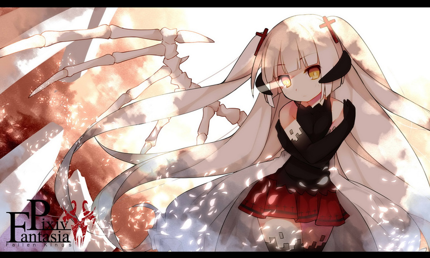 bones elbow_gloves long_hair petals pixiv_fantasia saru skirt thighhighs twintails white_hair wings yellow_eyes