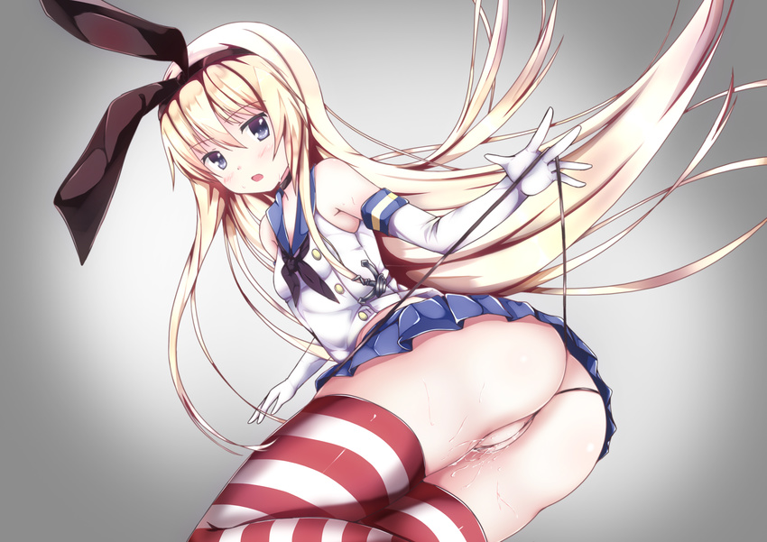 absurdres ass bad_id bad_pixiv_id black_panties blonde_hair blue_eyes elbow_gloves erimu gloves highleg highleg_panties highres kantai_collection long_hair looking_at_viewer panties panty_lift partially_visible_vulva pussy_juice school_uniform serafuku shimakaze_(kantai_collection) skirt solo striped striped_legwear thighhighs thong underwear wedgie white_gloves