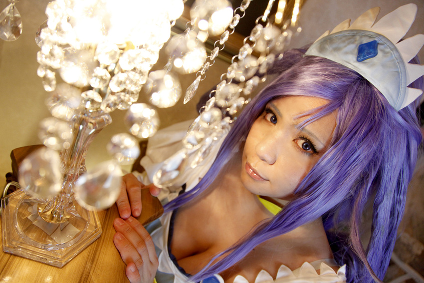 1girl asian blue_eyes blue_hair bracelet breasts choker chouzuki_maryou cleavage cosplay cure_diamond cure_diamond_(cosplay) dokidoki!_precure dress headpiece jewelry lamp large_breasts long_hair magical_girl photo plum plump ponytail precure puffy_short_sleeves puffy_sleeves short_sleeves solo tiara