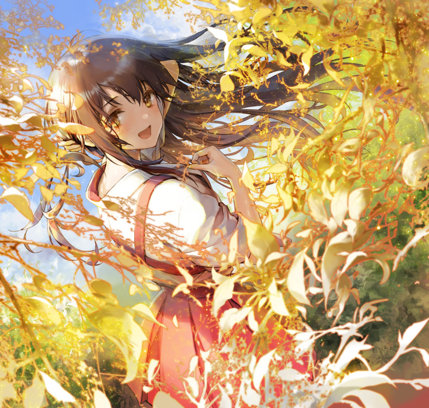 1girl 888myrrh888 :d akagi_(kantai_collection) bangs blue_sky branch brown_hair commentary_request dress hakama_skirt highres kantai_collection leaf long_hair looking_at_viewer looking_back open_mouth red_dress shirt sky sleeves_rolled_up smile white_shirt yellow_eyes