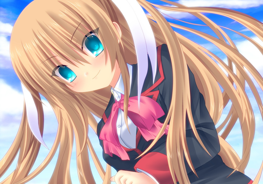 bad_id bad_pixiv_id blonde_hair blue_eyes bow kisshii_(kic1224) little_busters! long_hair pink_bow school_uniform smile tokido_saya twintails