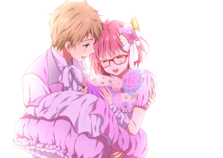 1girl bouquet brown_hair carrying closed_eyes couple dress flower formal glasses hetero kanbara_akihito kuriyama_mirai kyoukai_no_kanata pink_hair princess_carry red-framed_eyewear rito453 short_hair suit