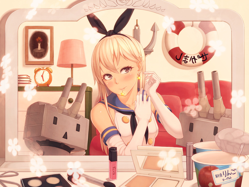anchor blonde_hair blush earrings elbow_gloves gloves hairband jewelry kantai_collection kedama_keito lifebuoy long_hair md5_mismatch mirror mouth_hold rensouhou-chan shimakaze_(kantai_collection) solo white_gloves