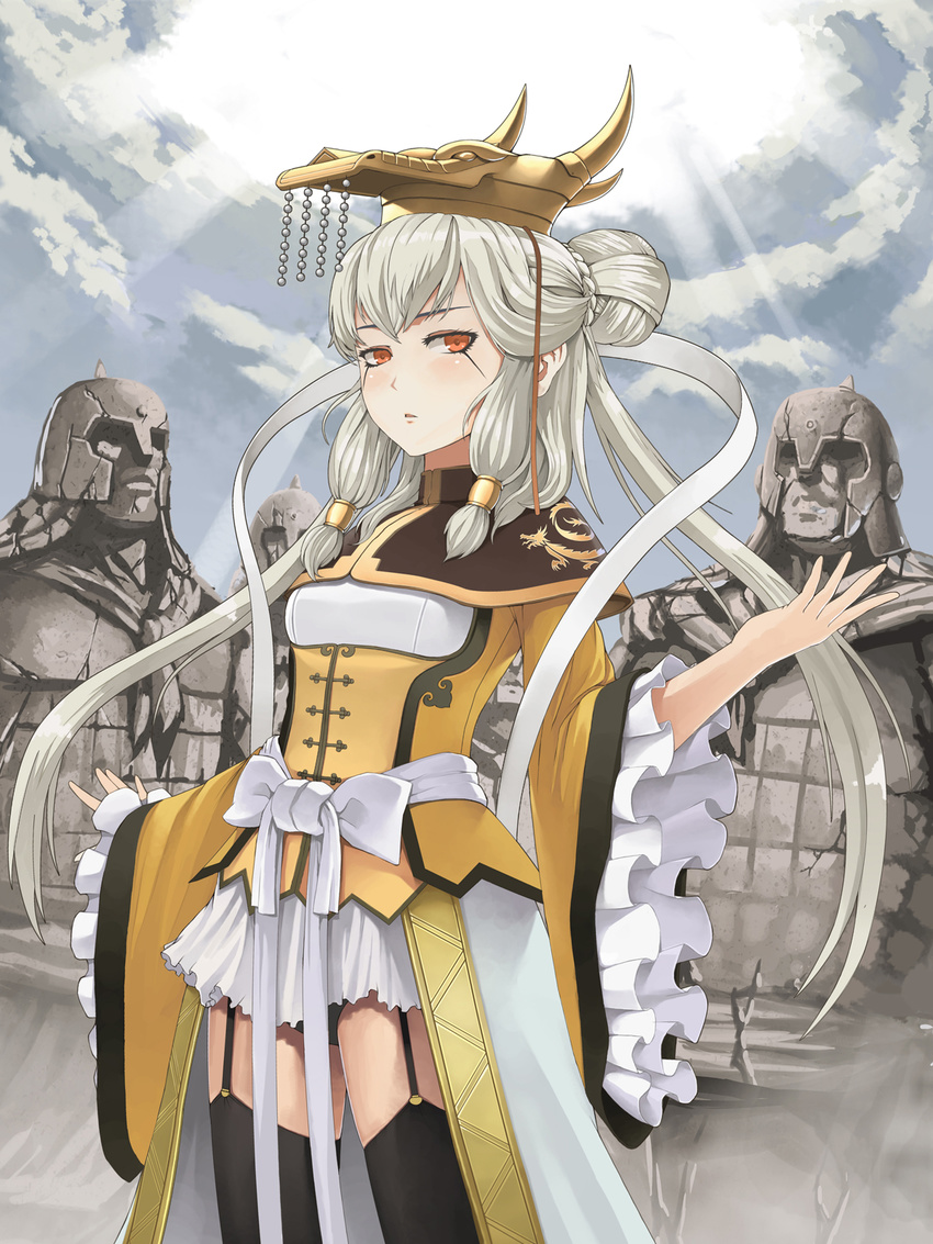 adapted_costume bad_id bad_pixiv_id cloud frills guan_hat hat highres jchoy mian_guan qin_shi_huang_(sengoku_collection) red_eyes sengoku_collection sky statue white_hair