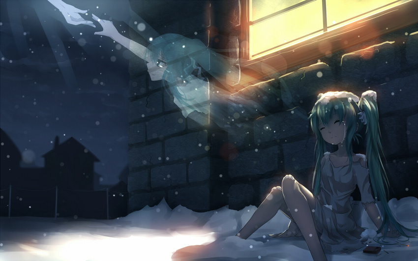 aqua_hair bai_yemeng barefoot closed_eyes collarbone commentary_request corpse crying dress dying ghost hair_ribbon hatsune_miku indoors little_match_girl long_hair matches night poverty reaching_out ribbon sitting snow snow_on_head snowing solo tears torn_clothes torn_dress torn_sleeves town twintails very_long_hair vocaloid white_dress window winter