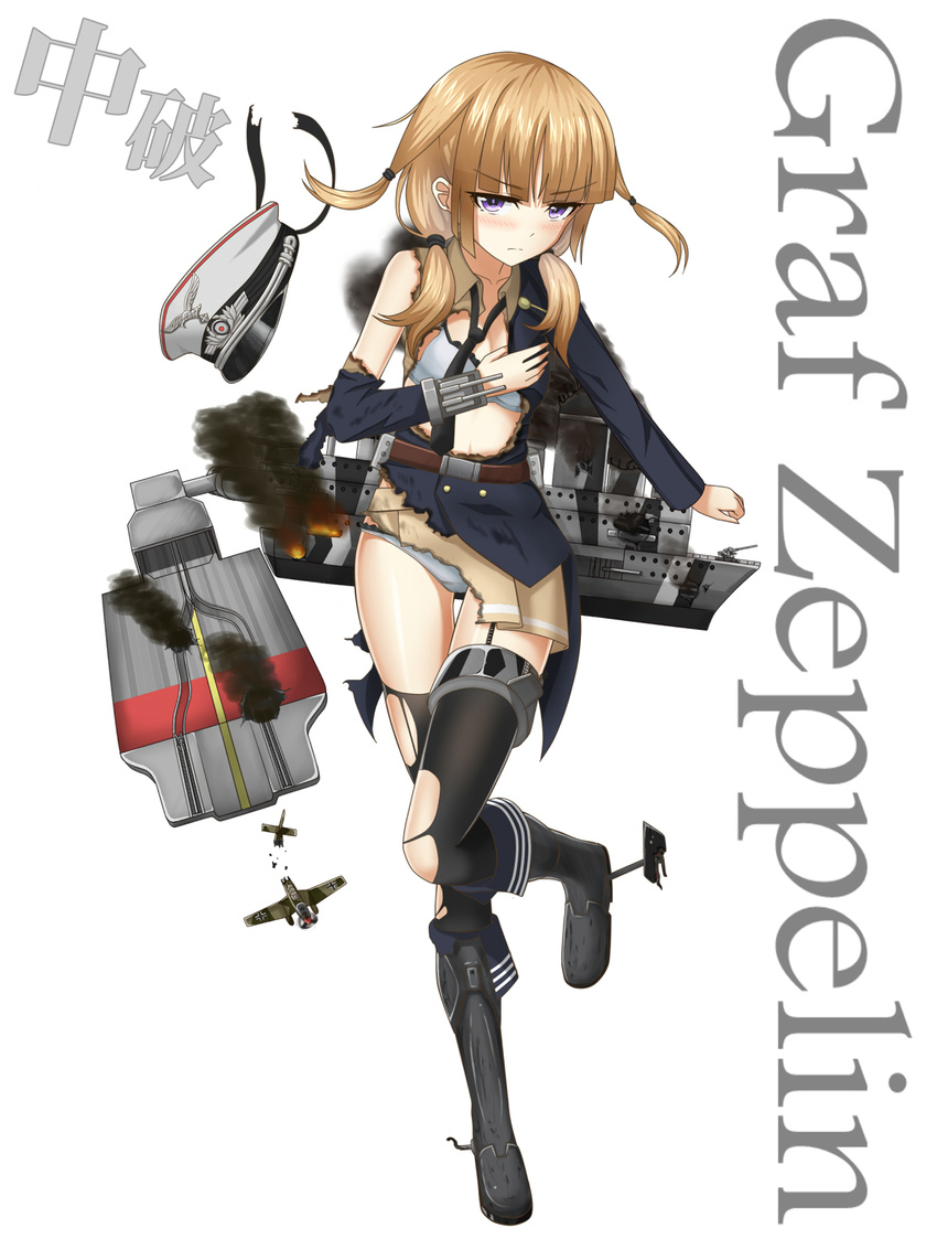 aircraft airplane bangs blonde_hair blunt_bangs garter_straps graf_zeppelin_(aircraft_carrier) hat highres kantai_collection long_sleeves looking_at_viewer md5_mismatch original purple_eyes rabochicken solo thighhighs torn_clothes torn_legwear