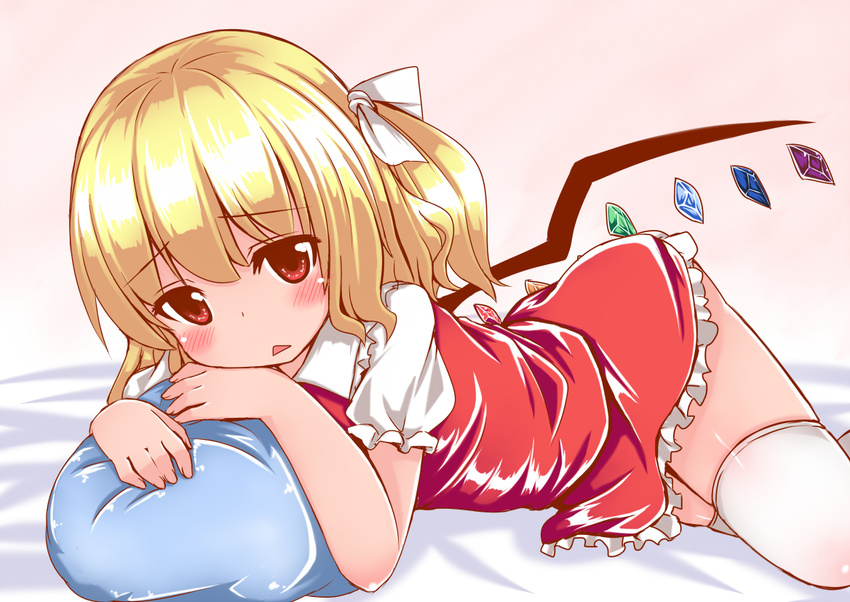 blonde_hair blush flandre_scarlet gradient gradient_background hair_ribbon head_rest looking_at_viewer lying no_hat no_headwear nyt_(nagane) on_bed on_side over-kneehighs pillow pink_background red_eyes ribbon short_hair side_ponytail skirt skirt_set solo thighhighs touhou triangle_mouth white_legwear wings