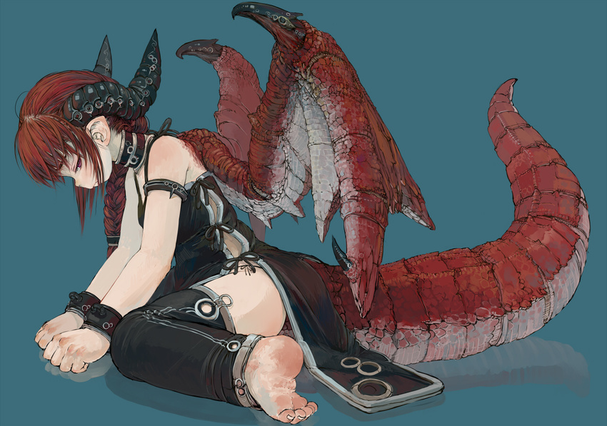 armlet barefoot blue_background bow braid choker dragon_girl dragon_tail dragon_wings dress ebimomo feet frown halterneck horns leg_warmers long_hair looking_at_viewer original panties pointy_ears profile red_eyes red_hair ribbon scales side-tie_panties side_braid sitting soles solo tail toes underwear wariza wings wrist_cuffs