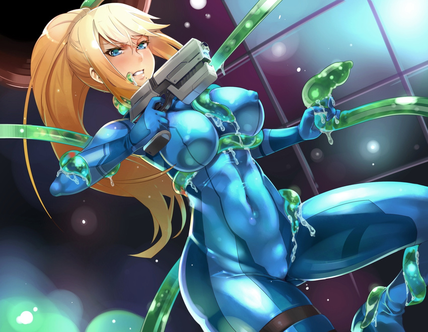 blonde_hair blue_eyes bodysuit gun hijiri metroid nintendo ponytail samus_aran tentacle weapon