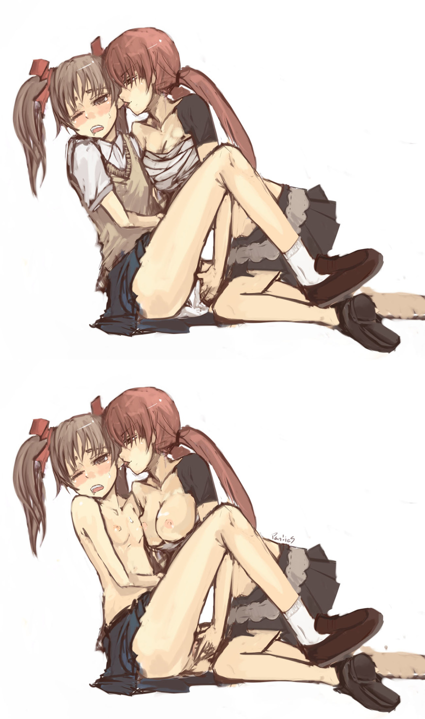 blush breasts brown_hair cleavage ear_licking fingering flat_chest hair_ribbon highres licking loafers low_twintails multiple_girls musujime_awaki nipples no_panties panties panties_(pantsu-pirate) pussy red_hair ribbon sarashi school_uniform shirai_kuroko shoes skirt socks sweat sweater_vest to_aru_majutsu_no_index topless twintails underwear v-neck wince yuri