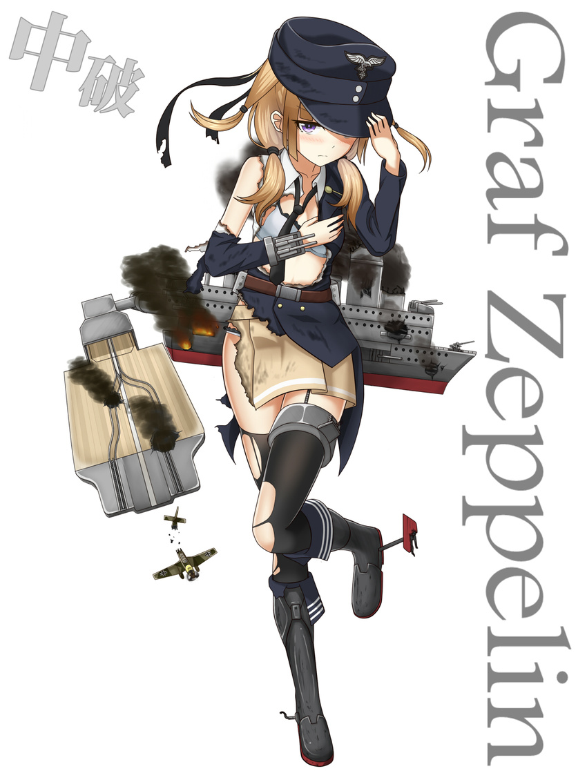 adjusting_clothes adjusting_hat aircraft airplane blonde_hair garter_straps graf_zeppelin_(aircraft_carrier) hat highres kantai_collection long_sleeves looking_at_viewer original purple_eyes rabochicken solo thighhighs torn_clothes torn_legwear