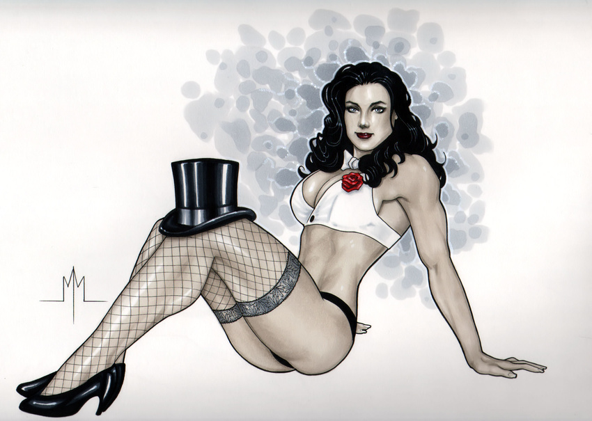 1girl black_hair breasts cleavage dc_comics female hat high_heels highres sitting solo thighhighs top_hat zatanna_zatara