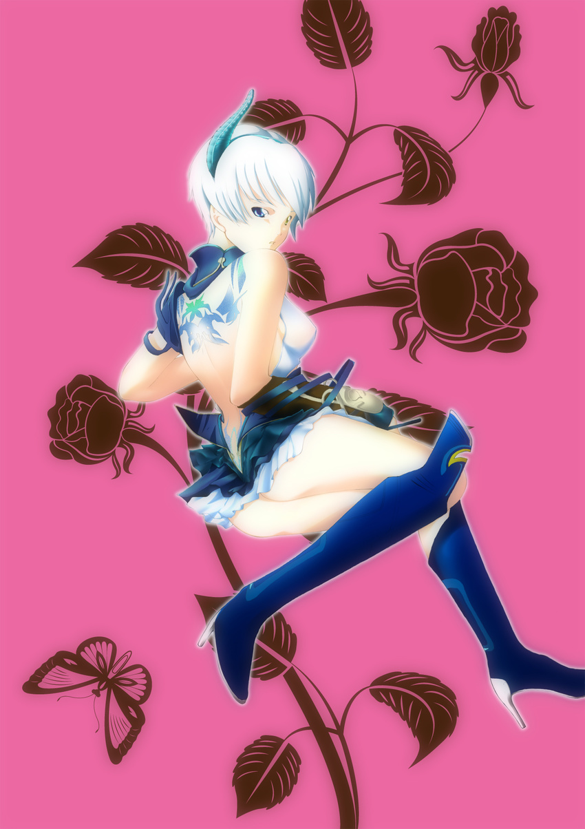 1girl artist_request ass bare_shoulders blue_dress blue_eyes boots breasts butterfly covered_nipples dress erect_nipples flower hairband heterochromia high_heel_boots high_heels horn kagero:_darkside_princess kagero_deception laegrinna looking_at_viewer looking_back looking_over_shoulder no_bra open_mouth parted_lips rose short_hair sideboob silver_hair tattoo tecmo yellow_eyes