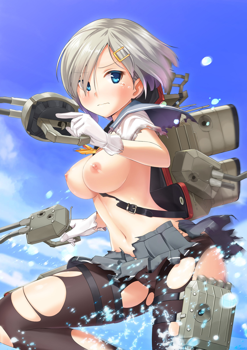 black_legwear blue_eyes blush breasts gloves hair_ornament hair_over_one_eye hairclip hamakaze_(kantai_collection) highres kantai_collection large_breasts mecha_musume nipples pantyhose sawada_yuusuke school_uniform serafuku short_hair short_sleeves silver_hair skirt solo tears torn_clothes torn_legwear white_gloves