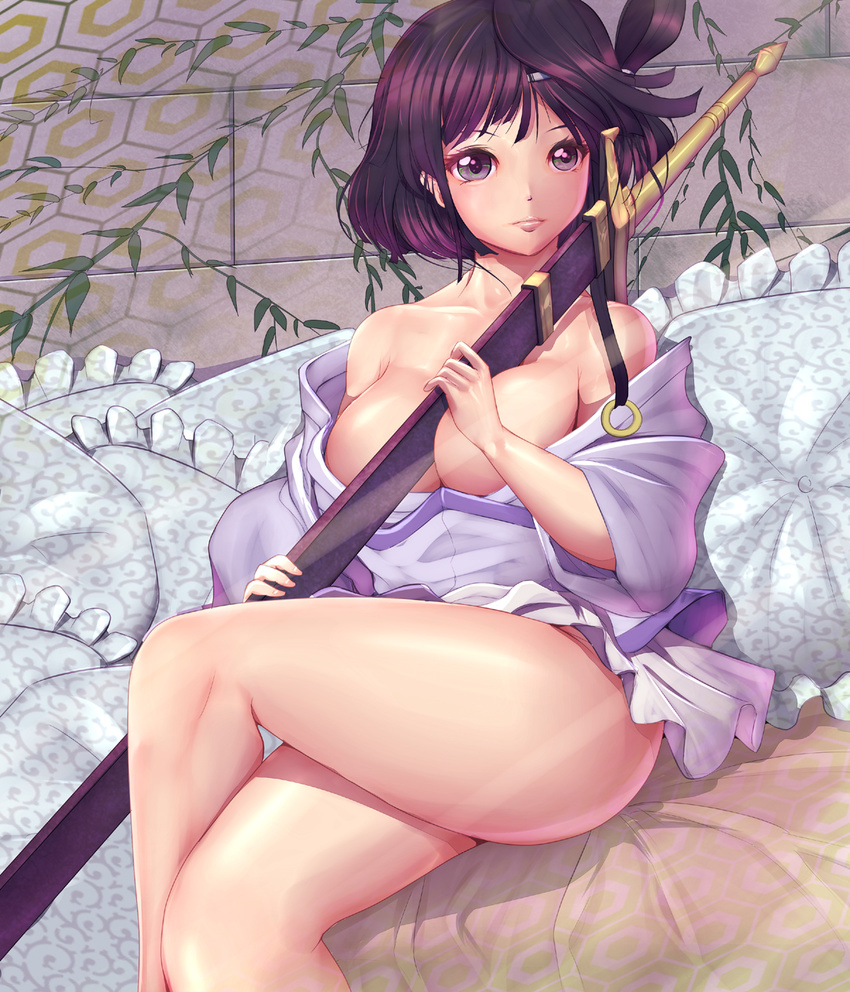 bare_shoulders between_breasts breasts cleavage collarbone crossed_legs harihisa hexagon highres large_breasts magi_the_labyrinth_of_magic off_shoulder purple_eyes purple_hair sheath sheathed short_hair solo sword thighs toto_(magi) weapon