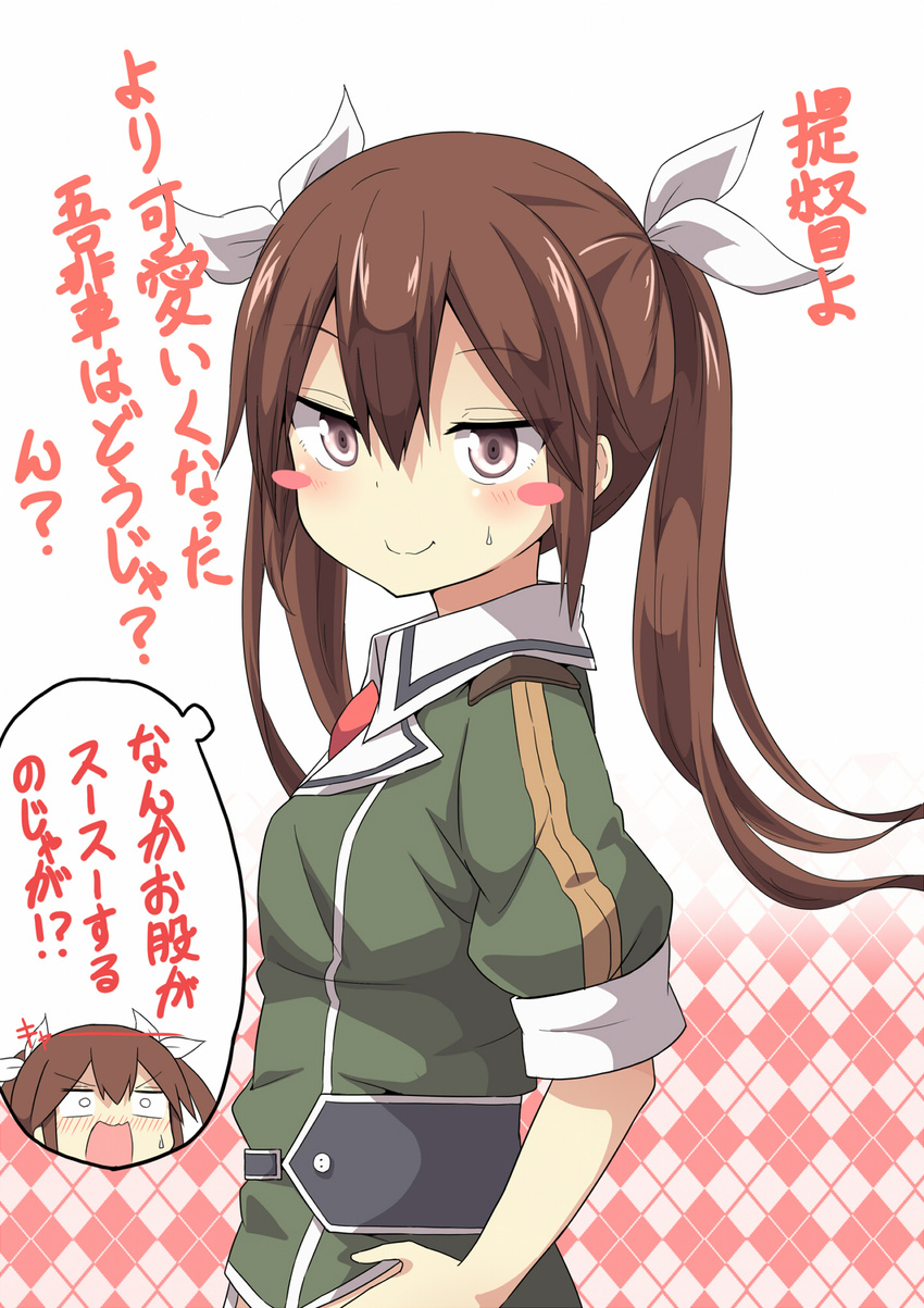 blush_stickers brown_eyes brown_hair highres kantai_collection long_hair tone_(kantai_collection) translation_request twintails ukami