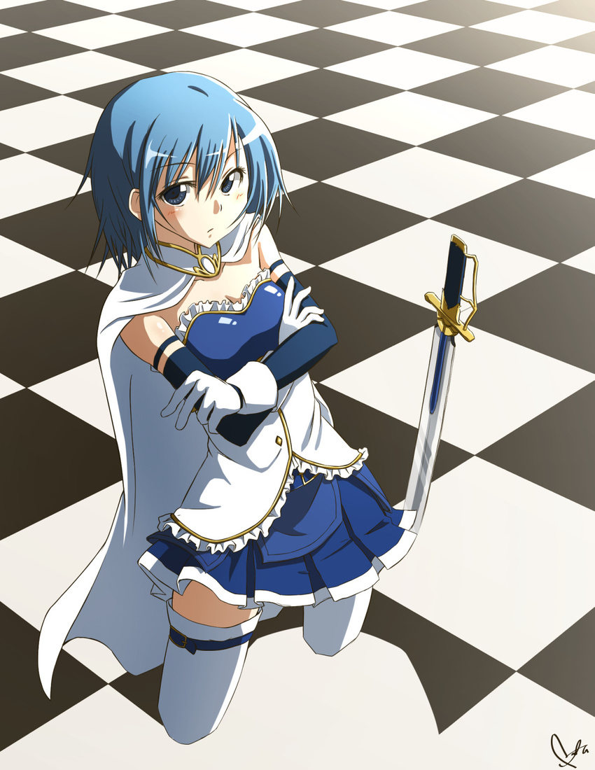 bad_id bad_pixiv_id blue_eyes blue_hair cape checkered checkered_floor crossed_arms highres magical_girl mahou_shoujo_madoka_magica miki_sayaka nitta_hiroto solo sword weapon