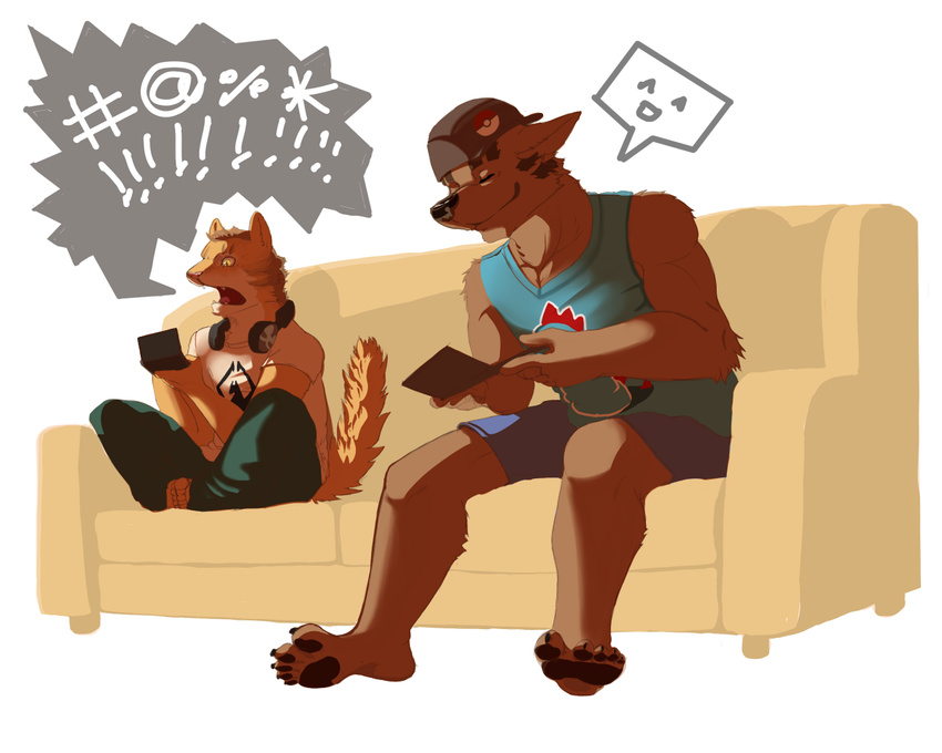 anthro canine cat clothed clothing dog duo exlof fangs feline happy headphones korichi mammal nintendo nintendo_ds shouting smile sofa swearing video_games