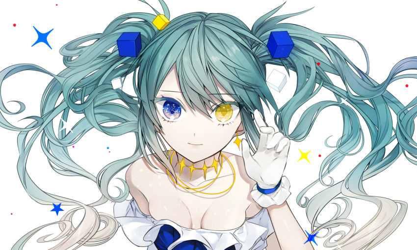 1girl alternate_costume alternate_eye_color aqua_hair bangs bare_shoulders blue_dress blue_eyes breasts cleavage collarbone colored_eyelashes commentary_request cube daimaou_ruaeru dress earrings eyebrows_visible_through_hair gloves gradient_hair hair_between_eyes hand_up hatsune_miku heterochromia highres jewelry long_hair looking_at_viewer multicolored_hair off-shoulder_dress off_shoulder simple_background small_breasts smile solo sparkle star twintails upper_body vocaloid white_background white_gloves white_hair yellow_eyes