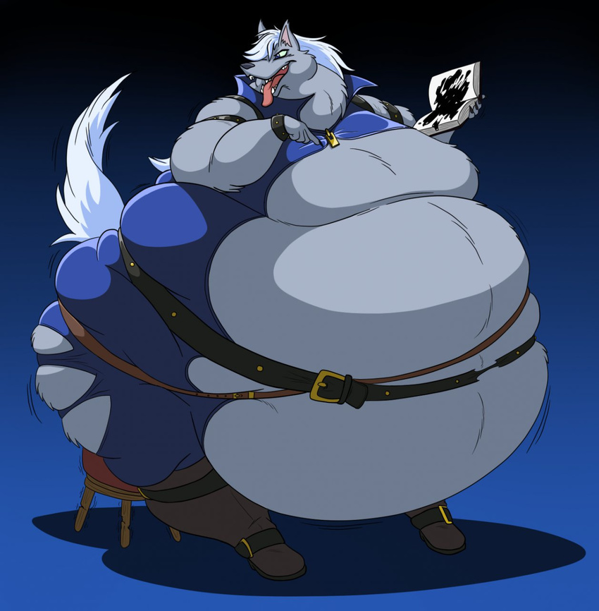 belt big_belly book canine clothing fur hectorthewolf inflation ink mammal morbidly_obese obese overweight ripping smile standing tight_clothing torn_clothing wolf wolfrun