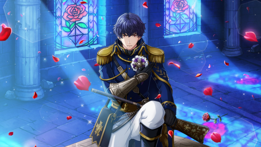 1boy aiguillette antique_firearm armor black_gloves blue_hair cravat epaulettes firearm flower game_cg gauntlets gloves gun hand_on_own_chest holding holding_gun holding_weapon indoors kneeling looking_at_viewer male_focus military military_uniform official_art petals rapp_(senjuushi) red_eyes rose senjuushi:_the_thousand_noble_musketeers short_hair single_gauntlet solo uniform weapon