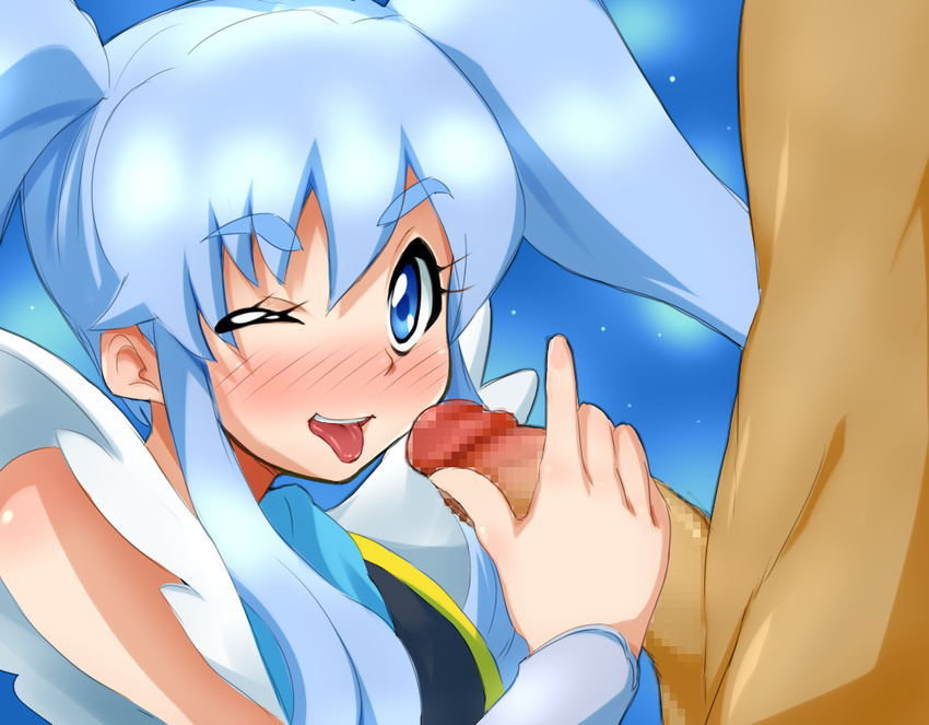 1girl 4shi :p blue_eyes blue_hair blush censored cure_princess handjob happinesscharge_precure! hetero long_hair looking_at_viewer magical_girl mosaic_censoring one_eye_closed penis precure shirayuki_hime solo_focus tongue tongue_out twintails