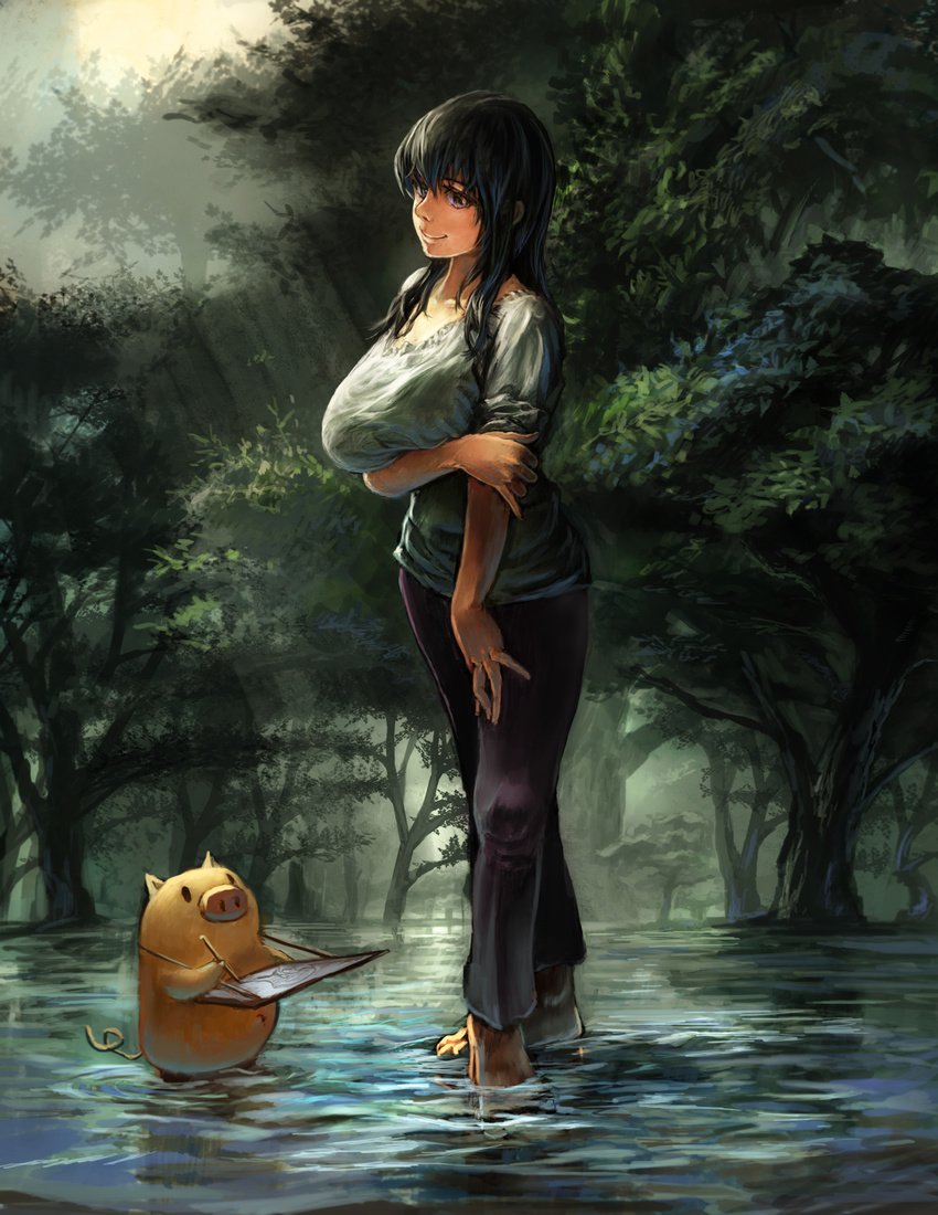 barefoot black_hair breast_hold breasts commentary_request emuson forest full_body highres holding_arm huge_breasts long_hair nature original outdoors pants pig realistic sleeves_rolled_up wading water