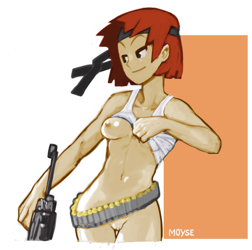 advance_wars advance_wars:_dual_strike ammunition_belt bare_shoulders bottomless breasts domino_(advanced_wars) gun headband moyse navel nipples pussy red_hair shirt_lift short_hair small_breasts smile solo submachine_gun tank_top weapon