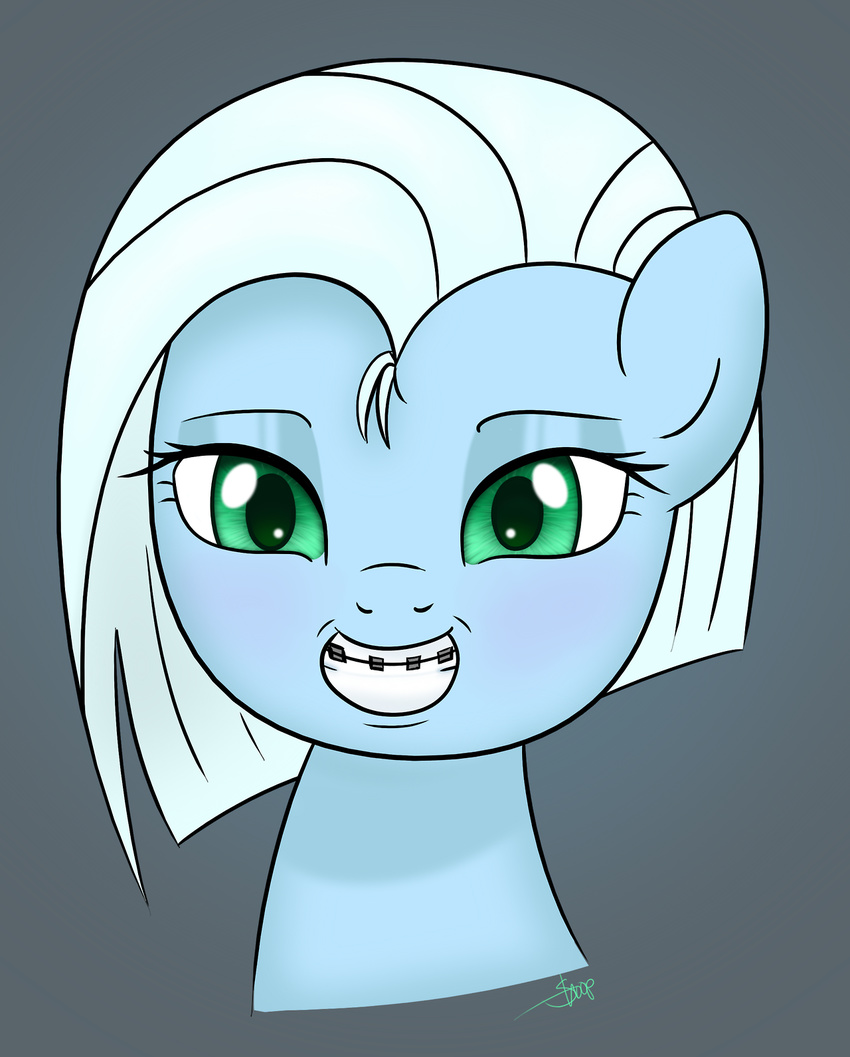 blue_fur braces equine female feral fur green_eyes hair horse looking_at_viewer mammal my_little_pony original_character plain_background pony rainbow_dosh smile solo tracycage_(character)