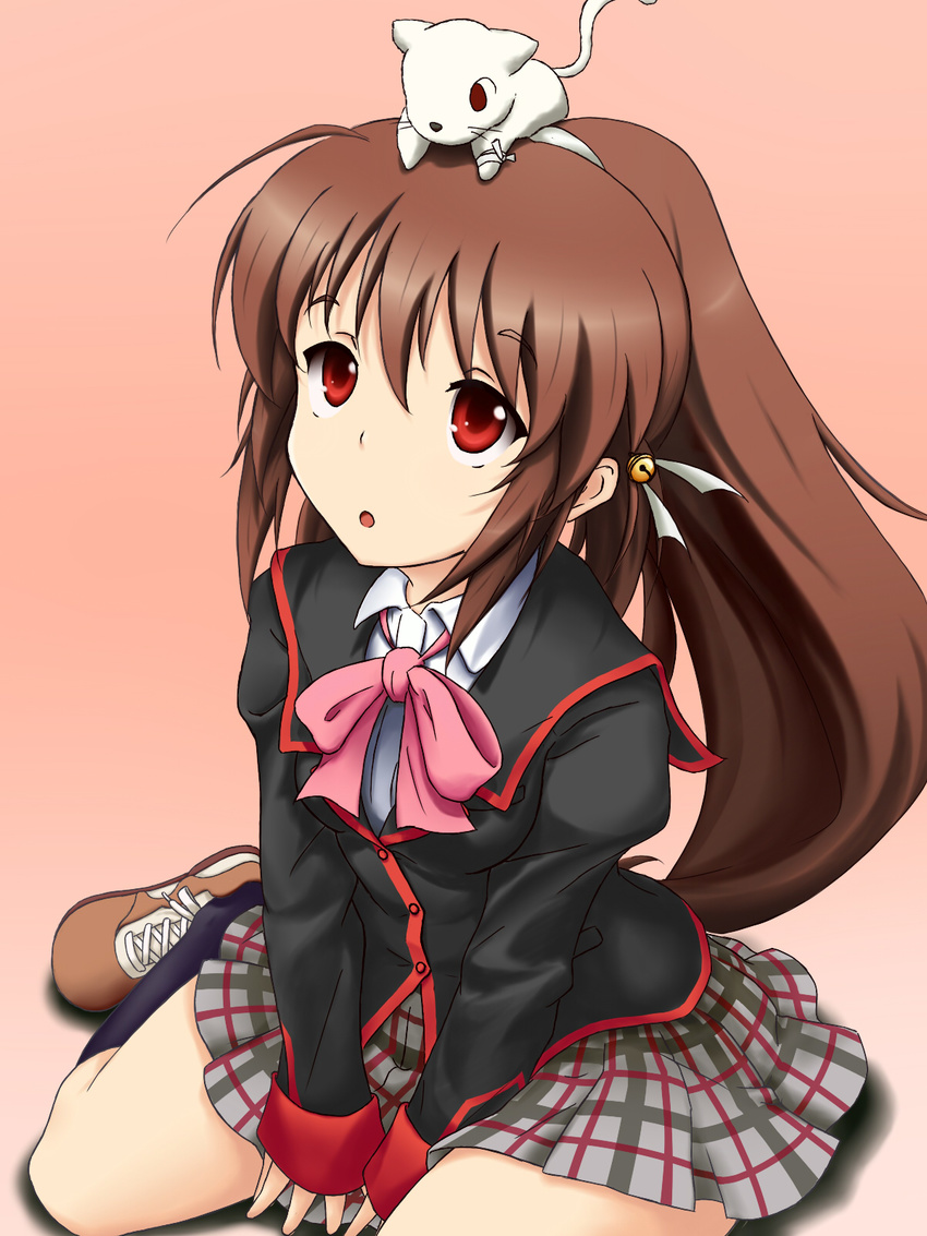 animal animal_on_head bow brown_hair cat cat_on_head highres lennon little_busters! long_hair masha_(ansatuka) natsume_rin on_head pink_bow ponytail red_eyes school_uniform sitting wariza